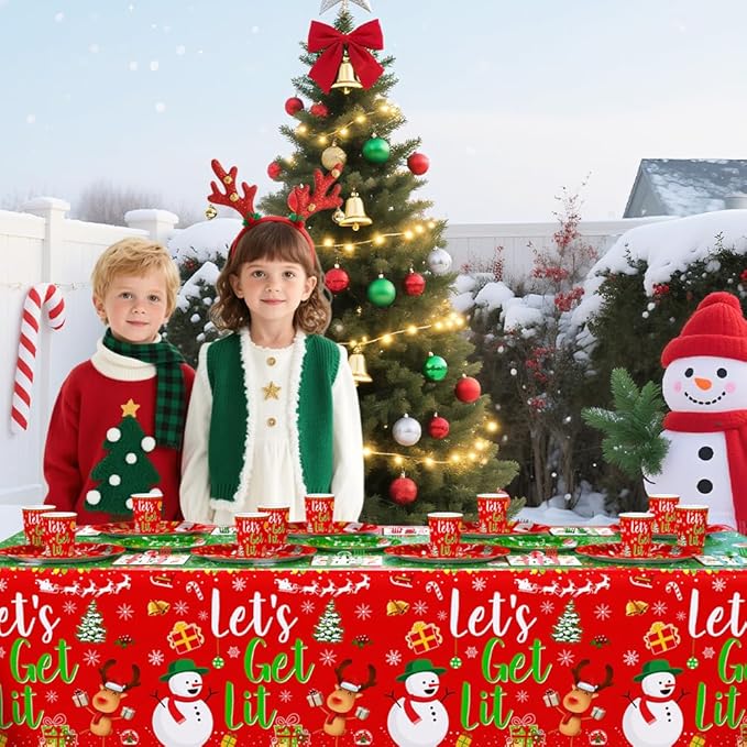 194 Pcs Christmas Party Supplies Decorations Friendsmas Christmas Party Decorations Let's Get Lit Santa Snowman Disposable Tableware Set with Plates Napkins and Tablecloth Serves 24 Guests