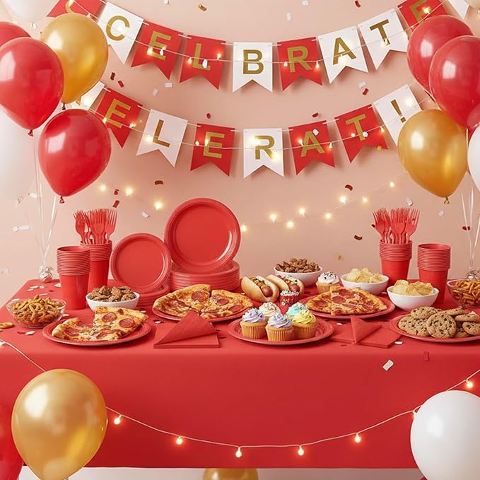 Red Plastic Dinnerware Set for Party, Disposable Plates for 100 Guests, 9" Dinner Plates & 7" Dessert Plates,Cups,Napkins,Forks,Plastic Plate Set for Birthday,BBQ,Christmas