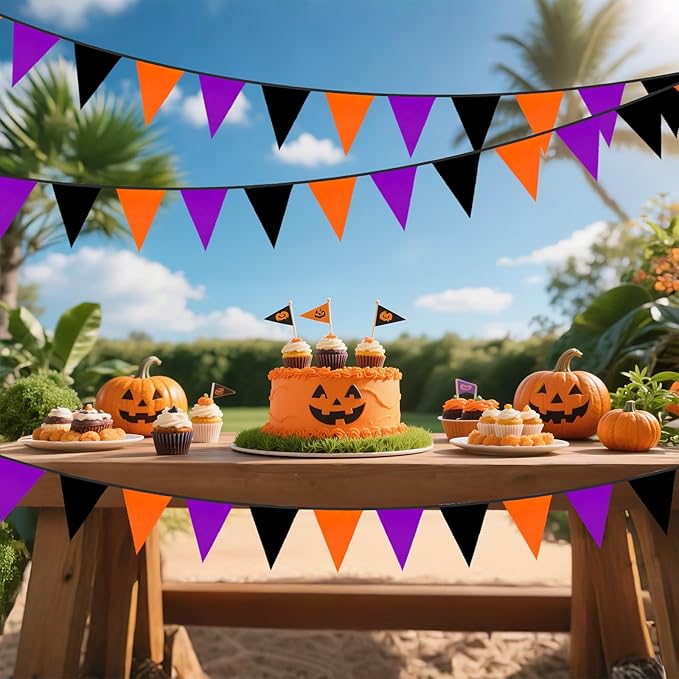 GCQQ 39FT Halloween Triangle Banner - 42Pcs Black Orange Purple Pennant Banners Flag Halloween Cotton Bunting Party Garlands for Porch Classroom Wall Fireplace Indoor Outdoor Decoration