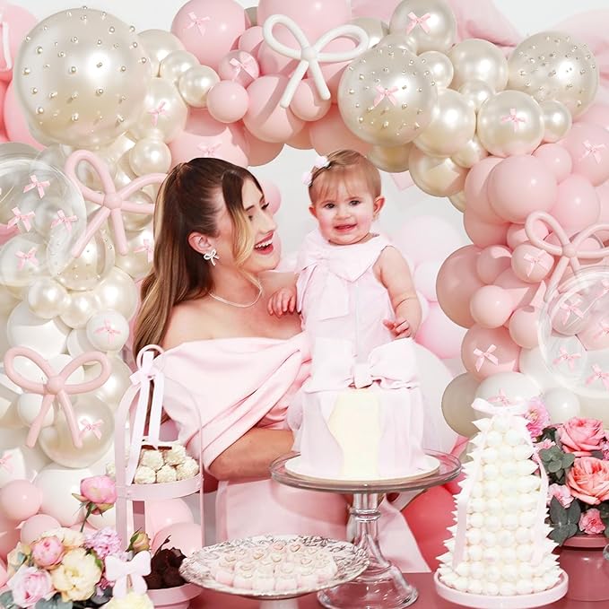 Pink Bow Birthday Decorations,220Pcs Pink Bow Balloon Arch Kit with 260 Clear Double Stuffed Pearl Balloons Ribbon Bow Pearl Stickers for Bow Coquette Birthday Bachelor Bridal Baby Shower Wedding
