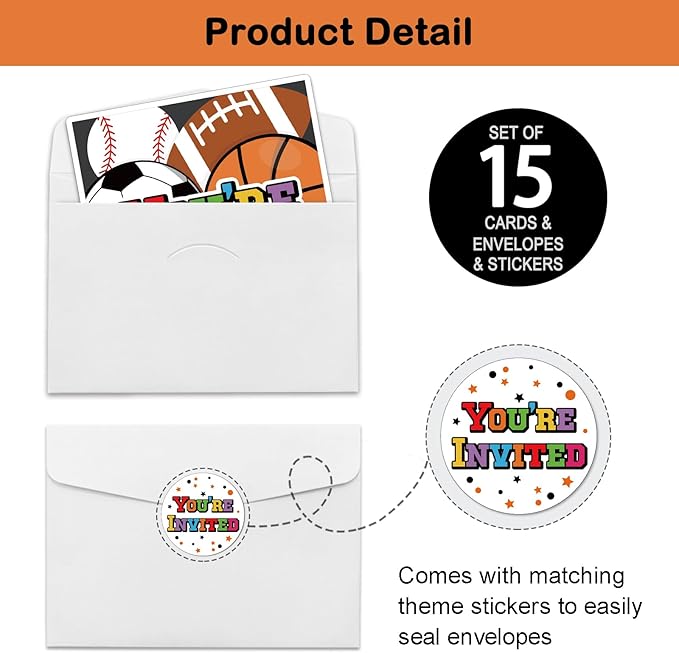 REWIDPARTY Sports Party Invitations with Envelopes & Stickers（Set of 15） Shaped Fill-in Invitations Birthday Party Supplies for Football Soccer Baseball Basketball Party Celebration Cards for Kids
