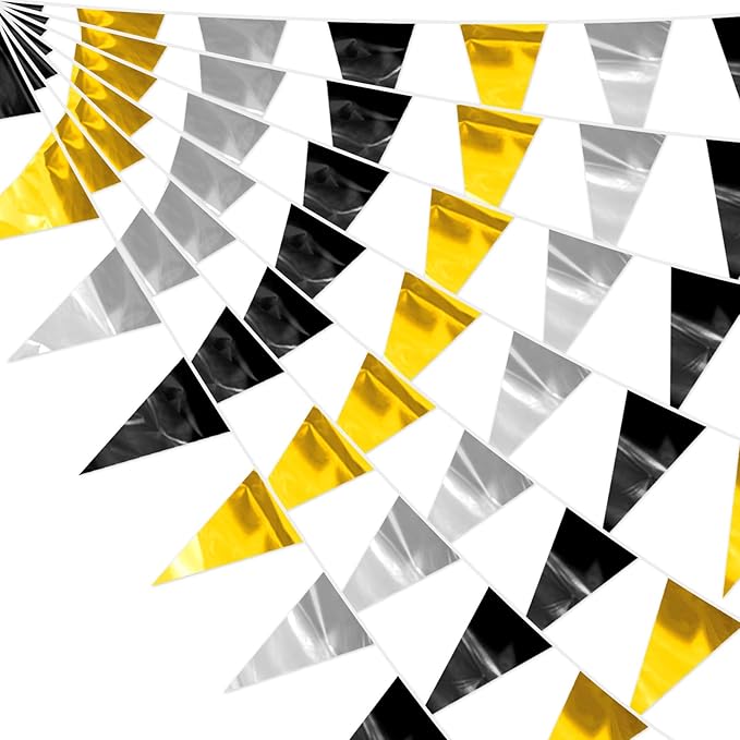 32.8FT Black Gold Silver Glitter Triangle Pennant Banner Flag Metallic Bunting Outdoor Garland for Christmas Wall Hanging,Graduation, New Years Decorations,Father' Da Decorations Party Decor