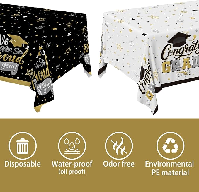 Gatherfun Graduation Decorations 2026-2 Pcs Black and Gold Gongrats Grad Tablecover for Graduation Party Decorations，Grad Plastic Table Covers 54"x108"