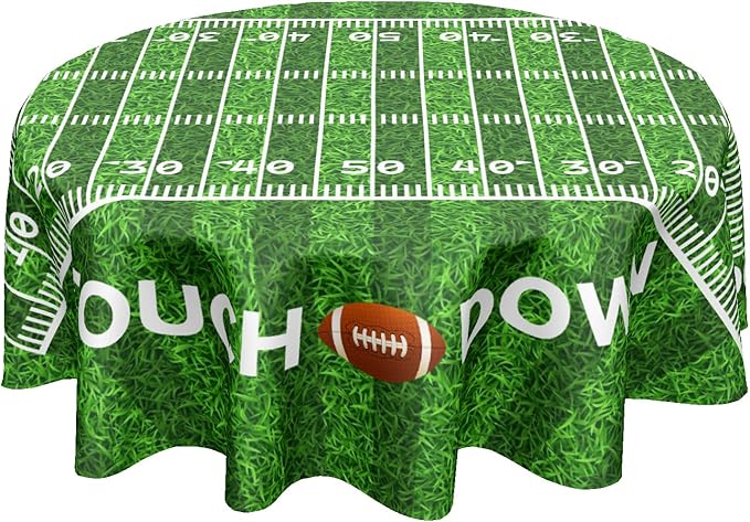 Football Round Tablecloth 60 Inch Rugby Football Pattern Circle Table Cloth Green Table Cover Washable Polyester Indoor Decorations for Home Kitchen Dinning Party