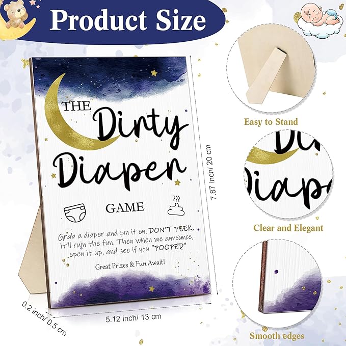 Roowest 51 Pcs Dirty Diaper Baby Shower Games Funny Wooden Sign with 50 Pcs Mini Diapers Cute Felt for Gender Reveal Party Baby Shower(Star Moon)