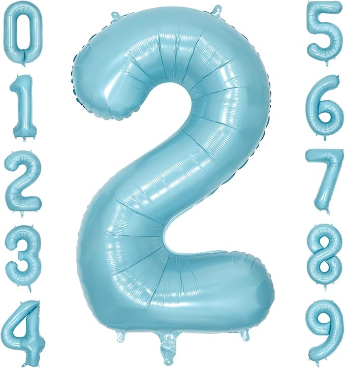 40 Inch Light Blue Number Balloon 2, Large Baby Blue Number 2 Balloons for Birthday Party Decorations, Blue Foil Mylar Birthday Balloons