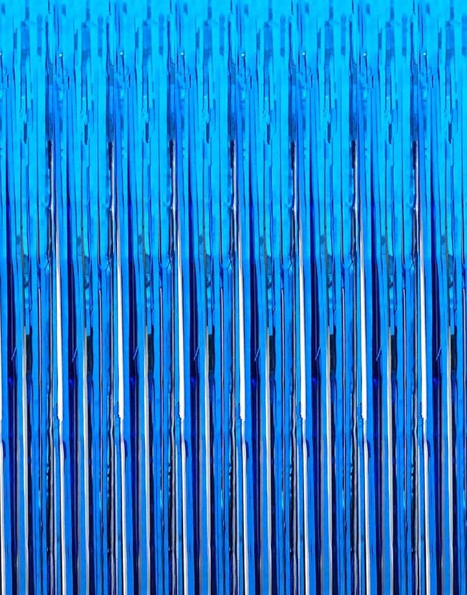 2 Pcs 3.2ft x 8.2ft Shiny Blue Metallic Tinsel Foil Fringe Curtains Photo Booth Backdrop for Birthday Wedding Holiday Celebration Bachelorette Party Décor