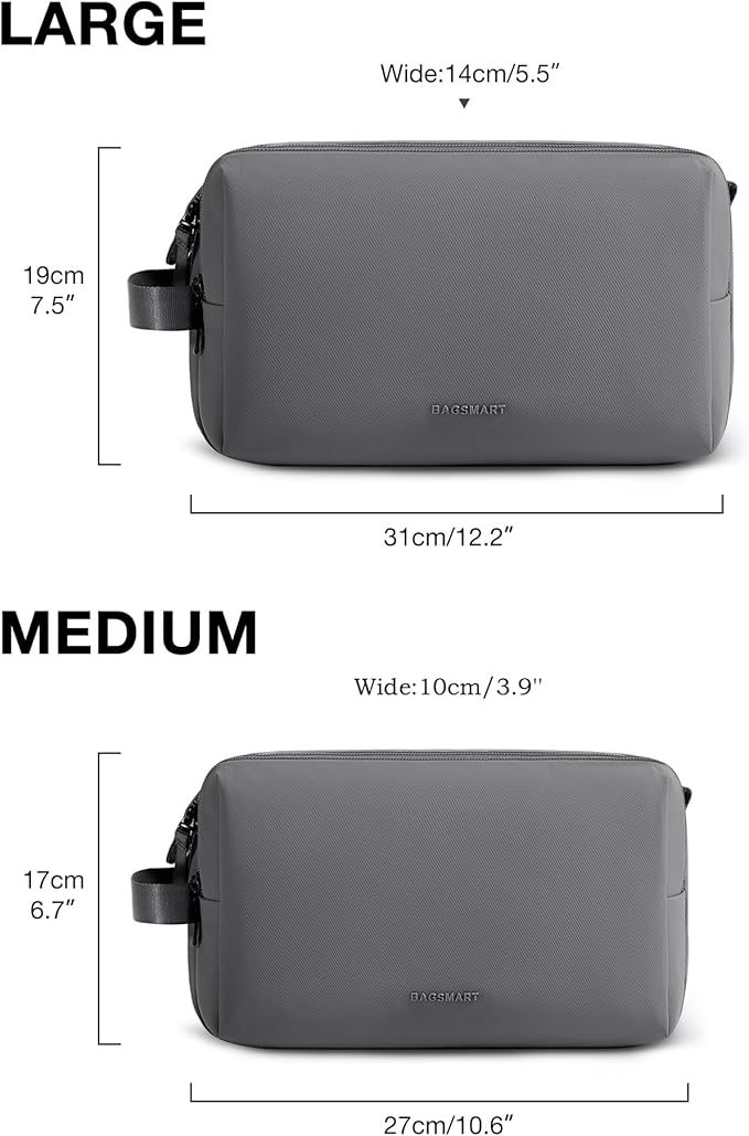 BAGSMART Toiletry Bag for Men, Travel Toiletry Organizer Dopp Kit Water-resistant Shaving Bag for Toiletries Accessories, Door Room Essentials,Grey-medium