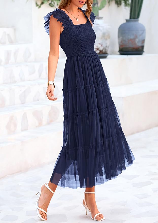 PRETTYGARDEN Women's Summer Tulle Midi Dress Sleeveless Smocked Ruffle Flowy Mesh Dresses Party Wedding Guest Sundress