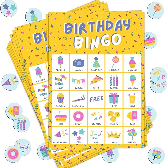 Markt Birthday Party Games for Kids, Birthday Bingo Game, Kids Party Games, Kid Bingo Game Decorations, Activities and Supplies for Girls or Boys (Yellow)