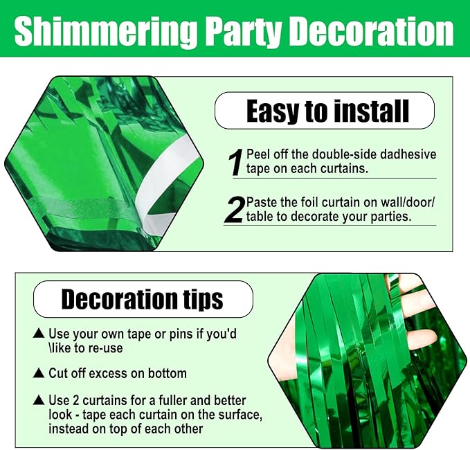 3 Pack Green Foil Fringe Curtain Backdrop, 3.28Ft x 6.6Ft Metallic Tinsel Foil Fringe Streamer Curtains for Photo Booth, Christmas Day, Thanksgiving, Wedding, New Year Party Decorations