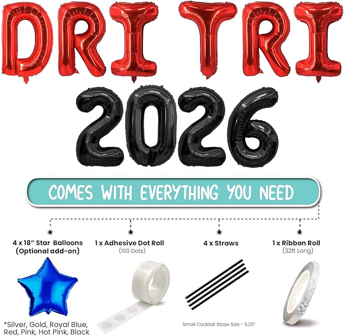 BALLOON VIBE DRI TRI 2026 Balloons Banner - Party Backdrop for Triathlon & Race Day Celebrations - 16" Foil Letters with 4 Straws, Ribbon and Adhesive Dots