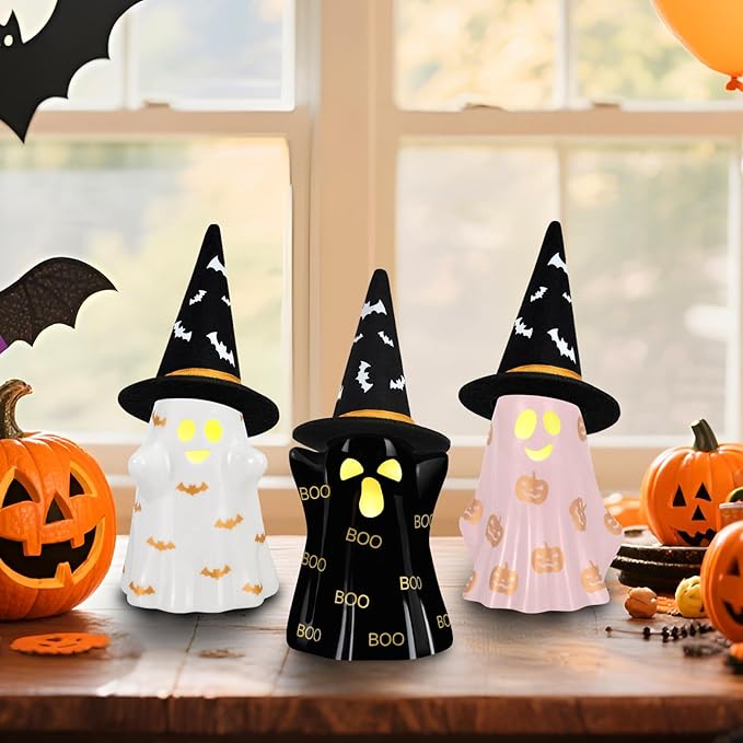 Halloween Decorations Indoor, Set of 3 Ceramic Halloween Ghosts with Witch Hats, Cute Spooky Lighted Decor Ghost Figurines Witch Hat Scary Pumpkin Bats Boo for Home Mantel Shelf Table Decor