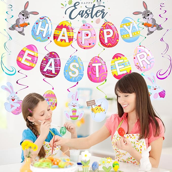 AhfuLife Happy Easter Banner Decorations, 8 Pcs Bunny Egg Chick Hanging Swirl with 12 Pcs Balloons, Larger Easter Banner Sign for Home Office School Decor, Egg Hunt Party Supplies