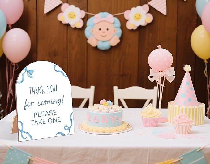 Blue Bow Thank You For Coming Sign for Baby Shower, 6x8 Inch Arch Wooden Sign with Stand, Blue Baby Shower Table Sign, Gender Neutral Party Decoration - QW13