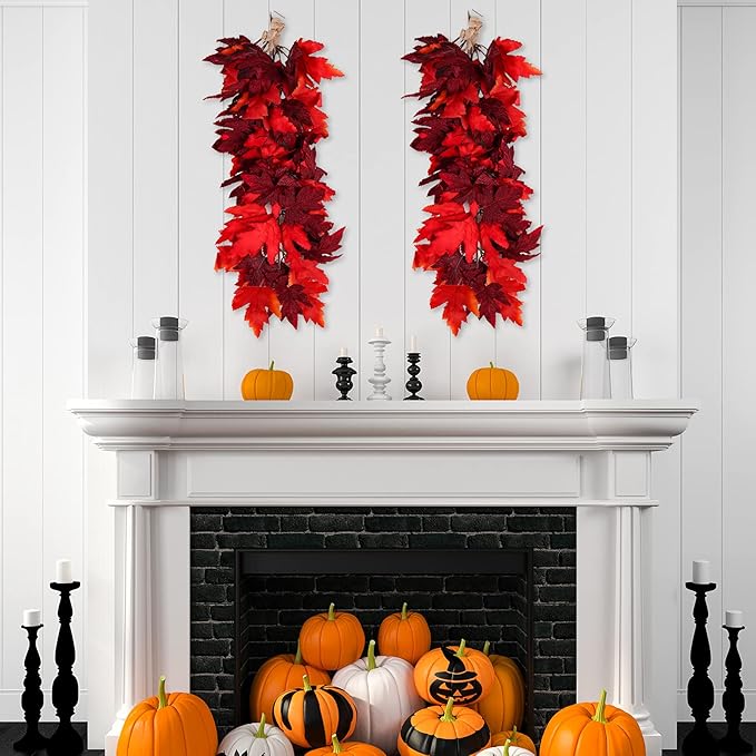 Halloween Garland Decor Indoor Table Decorations Fall Wall Hanging Artificial Black Maple Leaf Vine Decorations for Home (2 Pcs Red, Set)