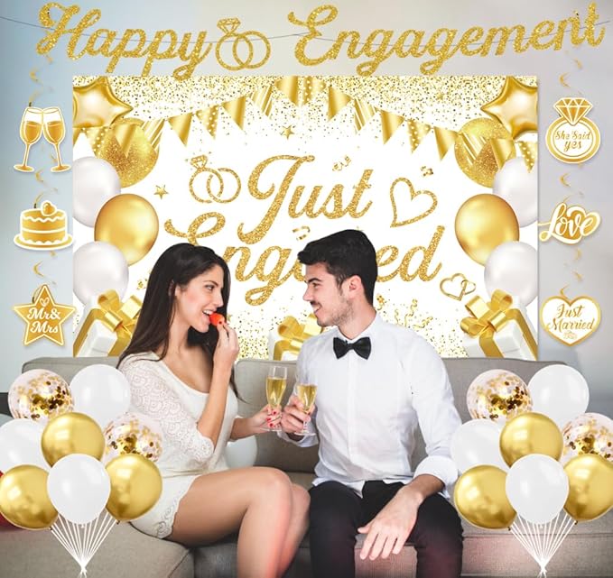 Engagement Party Decorations - Just Engaged Decorations Happy Engagement Banner Backdrop Balloons Hanging Swirls for Congratulations Wedding Bachelorette Party Decorations (White-Gold)