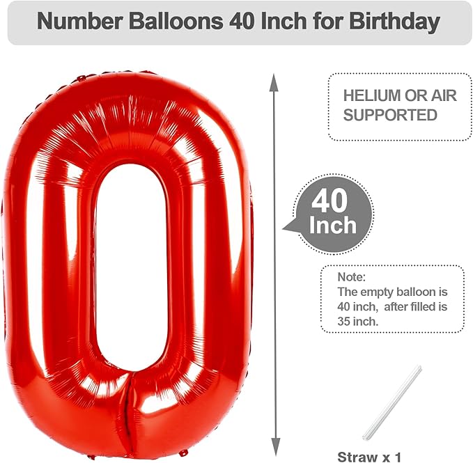 40 Inch Balloon Numbers, Red Balloons for Birthday Party Decoration, Foil Number 0 Ballon for 0, 10, 20, 100, 2026 Celebration, Birthday, Baby Shower, Anniversary Decor