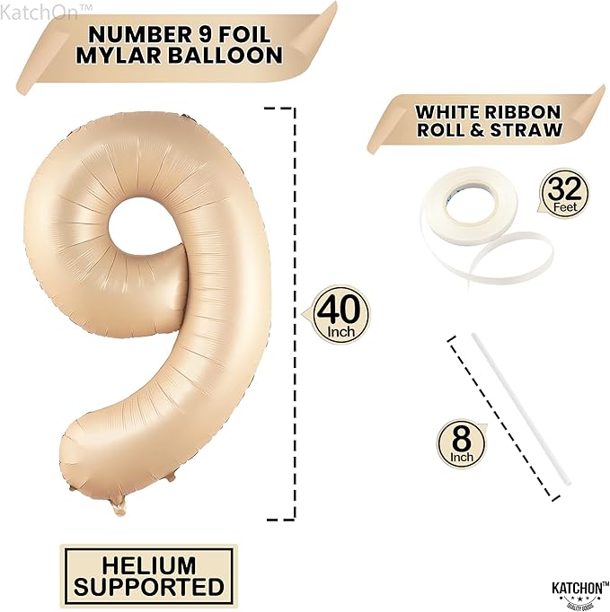 KatchOn Giant Caramel Number 9 Balloon - 40 Inch | 1 Count | Caramel 9 Balloon | 9 Birthday Balloon Decorations