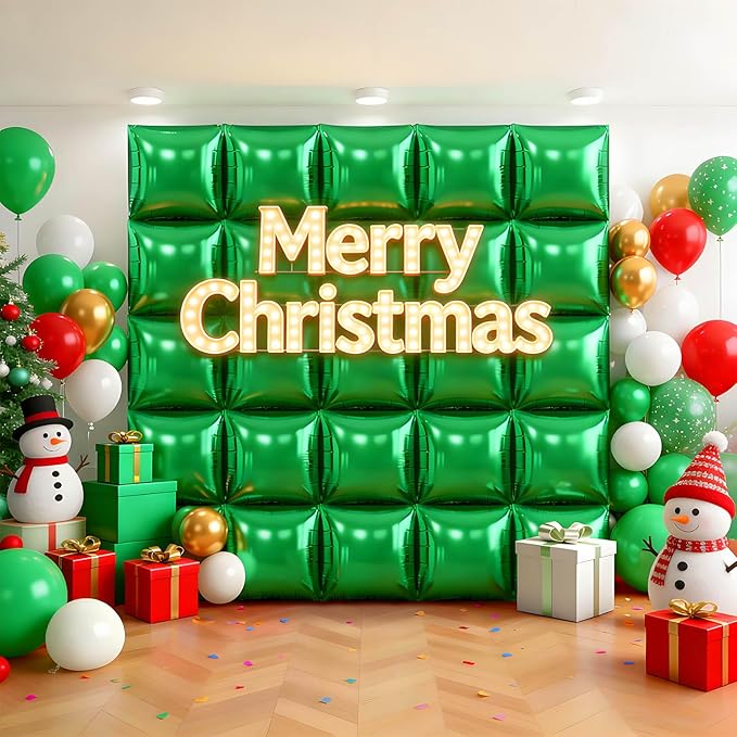 25Pcs Green Square Foil Balloons Wall Backdrop, Double Sided Metallic Foil Balloons Tunnel Arch Garland Kit for Photo Booth Birthday Wedding Graduation Halloween Party Decorations