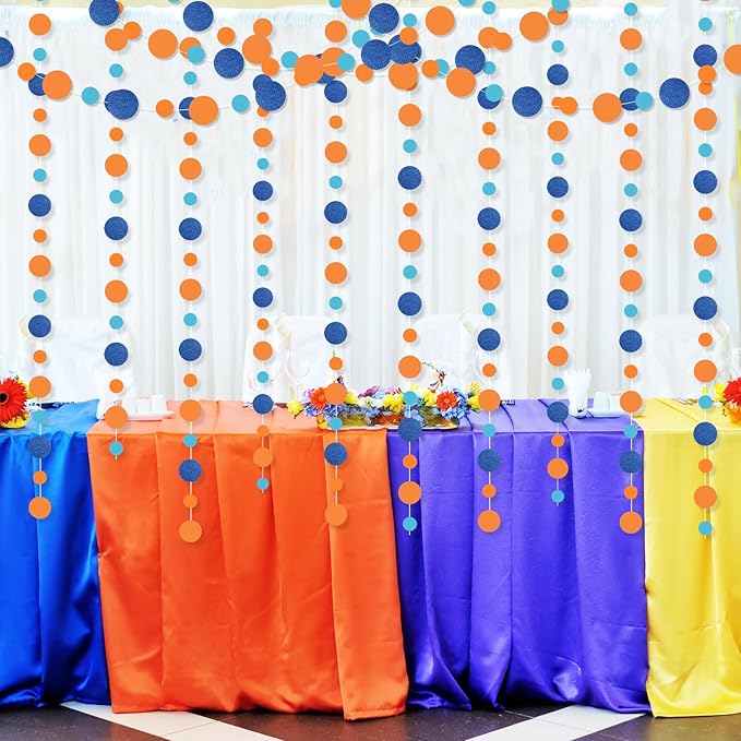 Outus 5 Pieces Round Dots Garland Valentine Easter Party Hanging Decor Each Length 13.1ft Glitter Paper Dot Streamers for Birthday Wedding Classroom (Orange, Blue)