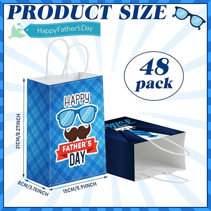 24 Pcs Fathers Day Party Gift Bags Happy Father's Day Paper Bags with Handles Dad Treat Goodie Present Boxes Blue Black Party Supplies for Dads Men Anniversary Birthday Decor
