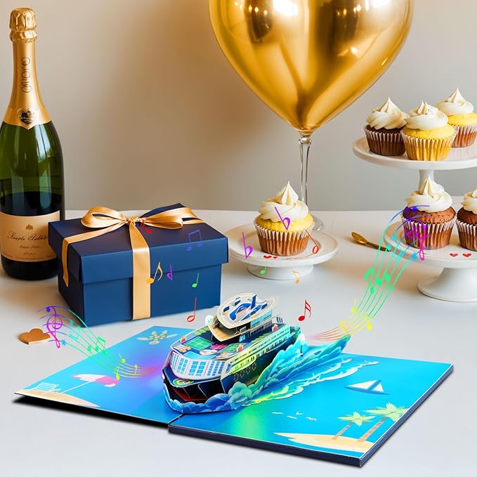 Magic Ants 3D Pop Up Birthday Card for Men with Lights and Music - Cruise Ship Greeting - Plays Happy Birthday to You – For Dad, Grandpa, Husband, Male Friend – Includes Envelope & Blank Note Card