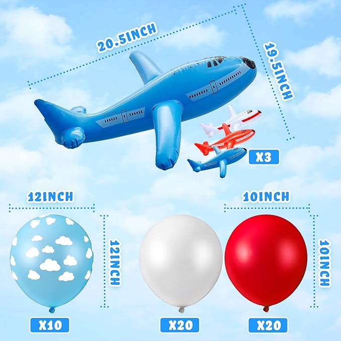 56 Pcs Airplane Birthday Party Decoration Inflatable Airplane Blue & Red Balloons Banners Air Adventure Themed Birthday Party Cloud Aircraft Decor