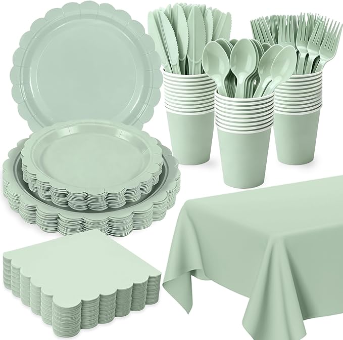 176 PCS Sage Green Party Decorations Includes Plates, Napkins, Cups, Cutlery, Tablecloth for Wedding Bridal Shower Birthday Baby Shower Party Decorations, Serves 25