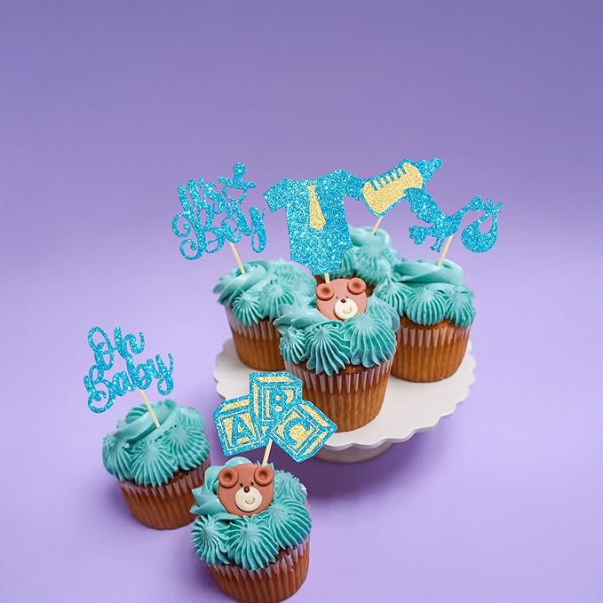 Gyufise 24Pcs Baby Shower Oh Baby Cupcake Toppers It's a Boy Cupcake Picks Glitter Tie Onesie Baby Bottle Cake Picks Decorations for Gender Reveal Baby Shower Boys Birthday Party Supplies Blue