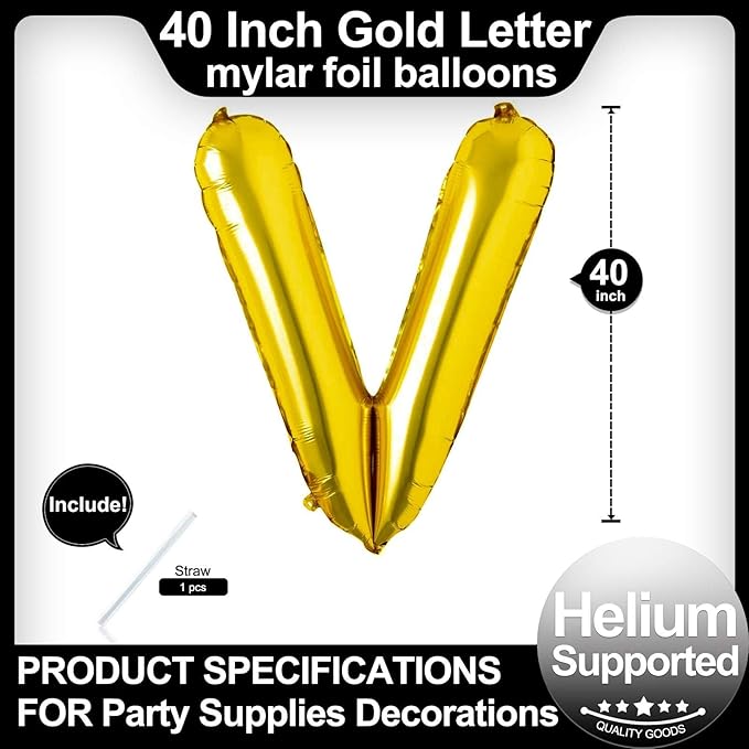 40 Inch Gold Letter V Balloons, DIY Phrase Foil Alphabet Letter V Balloons DIY Word V Banner for Birthday Anniversary Celebration Graduation Party Supplies Decoration