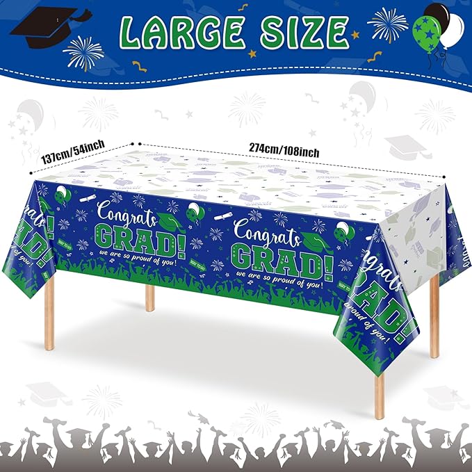 3 Pack Graduation Tablecloth Party Decorations, Class of 2026 Congrats Grad Plastic Tablecover Party Supplies, Blue and Green Rectangle Graduation Table Decor for College High School Party, 54x108Inch