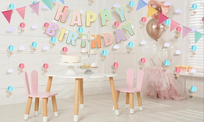 Pre-Strung Happy Birthday Banner and Decorations - Girls Toddler Birthday Decorations - 3D Garland with Pennant Banner Flags Pastel