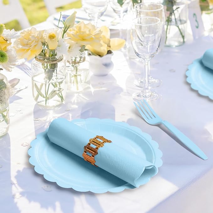 105PCS Paper Plates and Napkins Set,7 Inch Scalloped Disposable Tableware with Forks for Birthdays, Garden Parties & Outdoor Events,Serves 35 (Light Blue)
