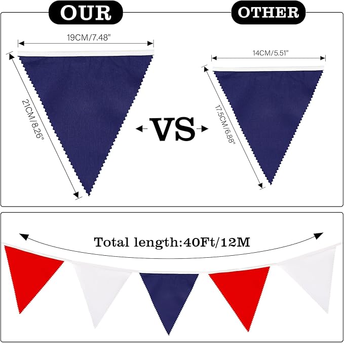 GCQQ 40Ft Red White Blue Banner - 4th of July Decoration Cotton Patriotic Fabric Pennant Triangle Flag Banners Garland for Independence National Day Nautical Theme Captain Graduation Party Decor
