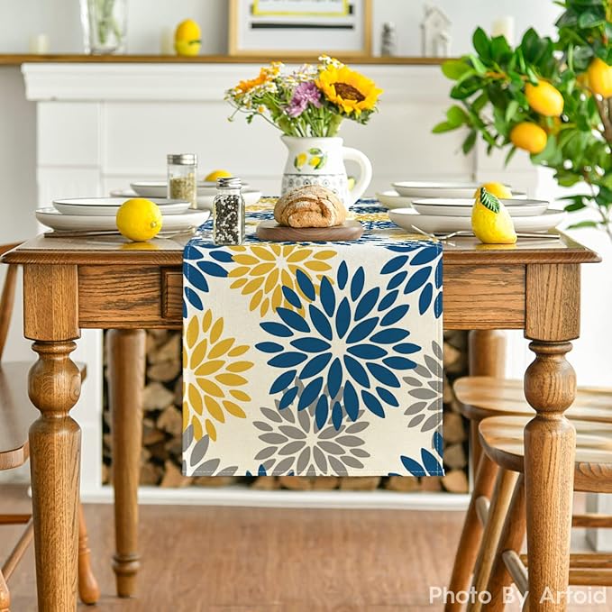 Artoid Mode Blue Dahlia Floral Pinnata Summer Table Runner, Spring Kitchen Dining Table Decoration for Home Party Decor 13x36 Inch
