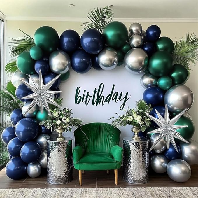 Navy Blue Green Silver Balloon Garland Double Stuffed Dark Green Silver Forest Navy Balloon Metallic Arch Kit for Birthday Football Game Dinosaur Graduation Party Decoration