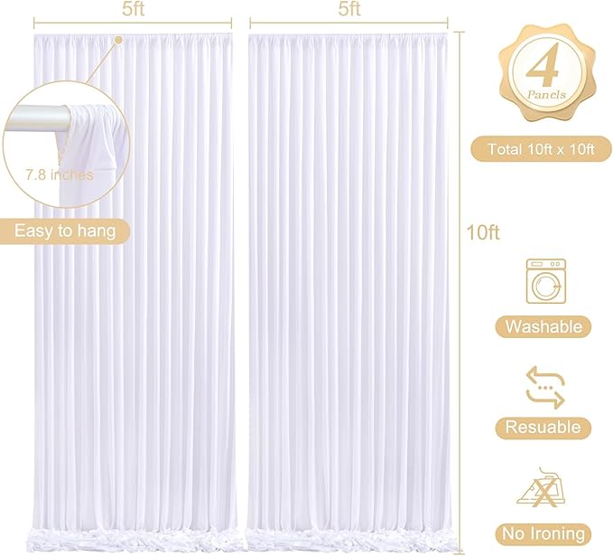 20 x 10ft White Backdrop Curtains with Lights String for Wedding Polyester Photo Backdrop Drapes Wrinkle Free White Long Curtains for Birthday Parties Reception Baby Shower Ceremony-10 x 5ft x 4Panels