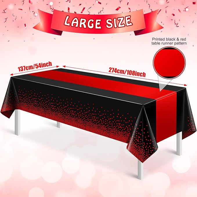 MASHAN 12Pcs Black and Red Tablecloth Party Decorations,Plastic Black Table Cloth Printed Red Table Runner Disposable Rectangle Cover for Birthday Weeding Anniversary Graduation Party,54 x108 Inch