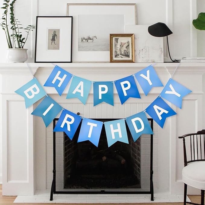 Blue Happy Birthday Banner Birthday Party Banner NO DIY Happy Birthday Sign Pre-Strung Birthday Hanging Decoration for Women Men Girl Boy Party Supplies(Blue)