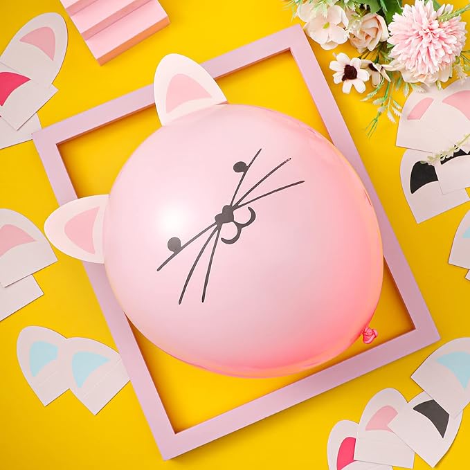 50 Pieces 12 Inch Cat Balloons Party Latex Kitty DIY Animal for Birthday Party with Ears Cat Kids Balloons for Girls Supplies, 5 Colors