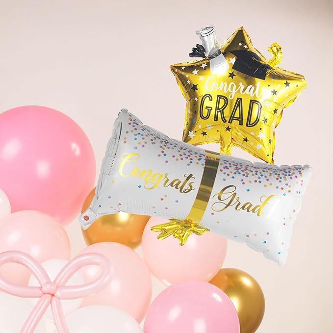 Pink White and Gold Balloon Garland Arch Kit 140Pcs with Pink and gold Stars Graduation Certificate Crown DIY bow for 2025 GRAD Prom coquette Decorations