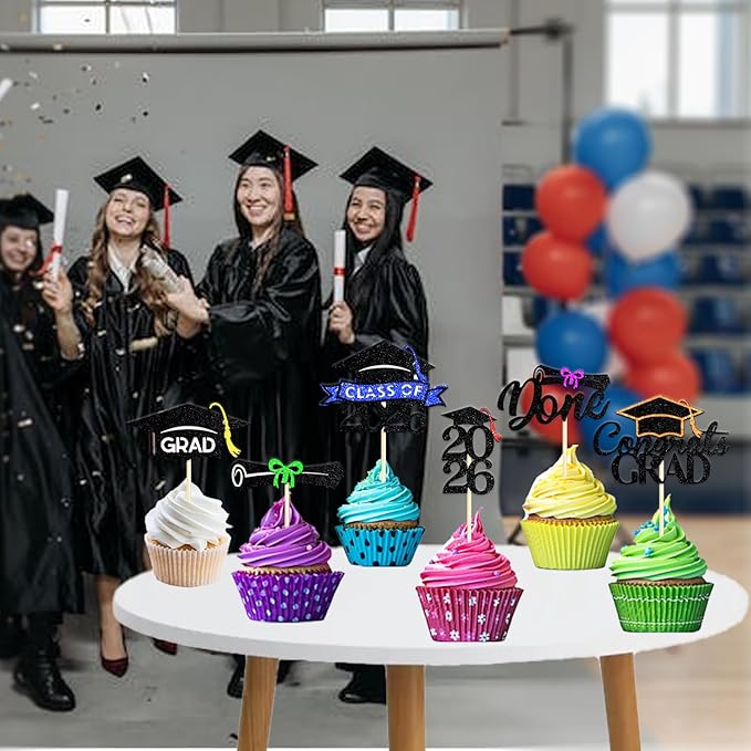 24 Pack 2026 Congrats Grad Cupcake Toppers Set, Graduation Cupcake Decor, Class of 2026 Cupcake Picks for Senior High School College Grad Party Decorations Supplies(Black with Silver) A