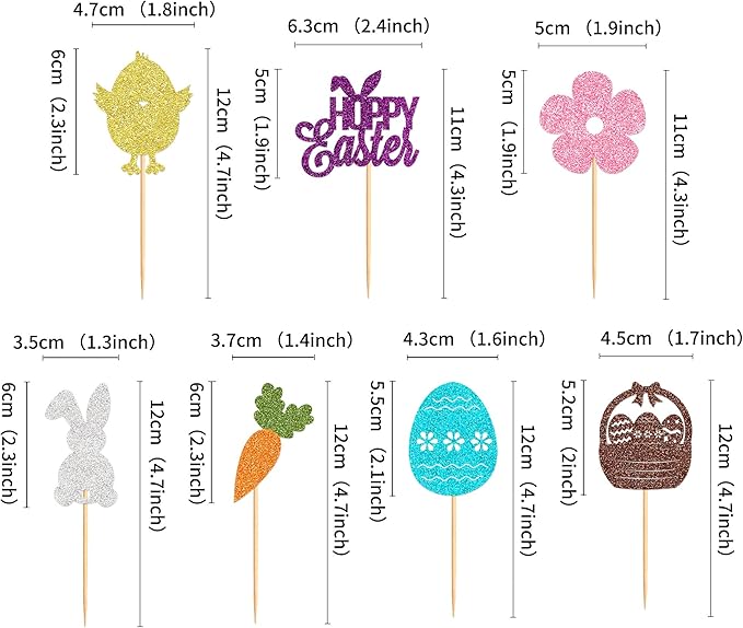 Ercadio 28Pcs Happy Easter Cupcake Toppers Glitter Bunny Easter Eggs Carrot Rabbit Chick Cupcake Picks for Happy Easter Cupcake Decors Easter Baby Shower Birthday Wedding Party Supplies