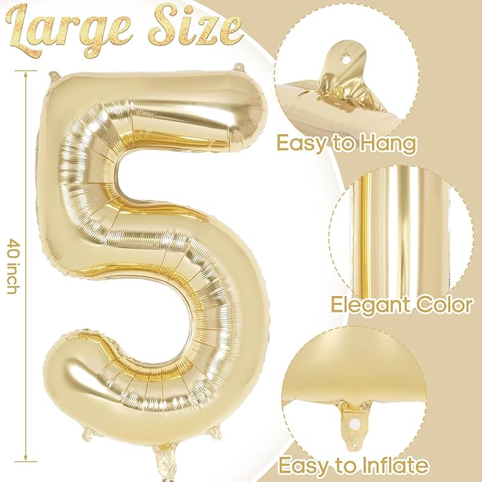 Light Gold Number 5 Balloon 40 Inch, Big Large Foil Helium White Gold Number Balloons, Giant Mylar Number 5 Balloons for 5 Year Old Birthday Party Decorations Supplies Anniversary