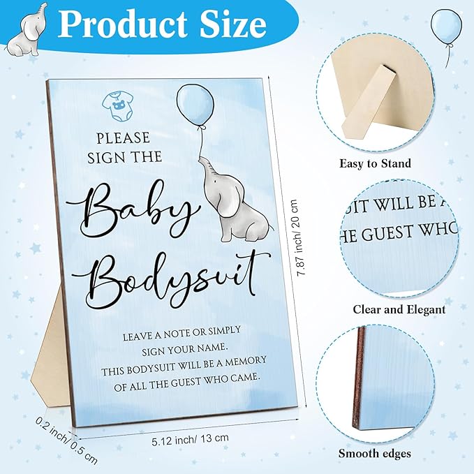 Qunclay 12 Pcs Baby Shower Game Decor with White Unisex Bodysuit Wooden Sign Tabletop Decor and Marker for Guests(Elephant)