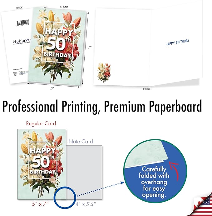 NobleWorks 50th Birthday Milestone Greeting Card with 5 x 7 Inch Envelope (1 Card) Flowers For Milestones - 50 C10592MBG