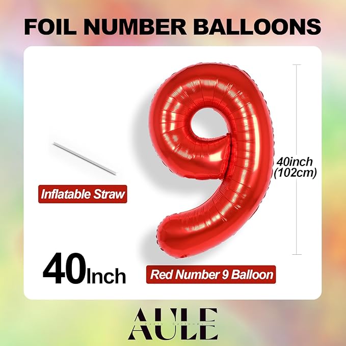 AULE 40 Inch Big Red 9 Balloon Number Large Foil Helium Number Balloons 0-9 Jumbo Giant Happy 9th Birthday Party Decorations for Boy or Girl Huge Mylar Anniversary Party Supplies