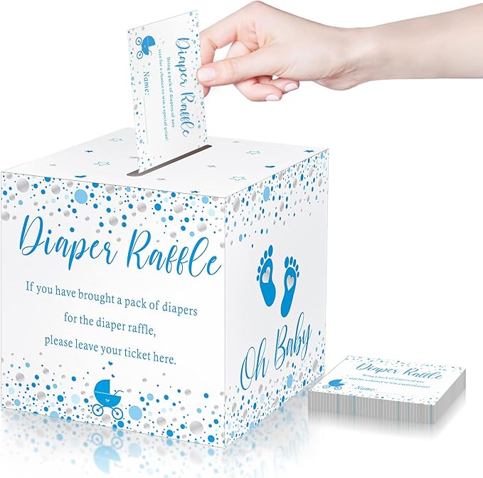 Funrous 51 Diaper Raffle Tickets with Box for Baby Shower Game Invitations Diaper Raffle Card for Gender Reveal Baby Shower Party Decoration Table Centerpiece(Blue Silver)