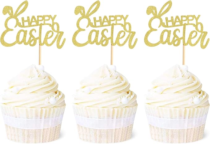 Ercadio 36Pcs Glitter Golden Happy Easter Cupcake Toppers Rabbit Happy Easter Bunny Cupcake Picks for Easter Day Theme Baby Shower Easter Birthday Wedding Anniversary Party Cupcake Decorations